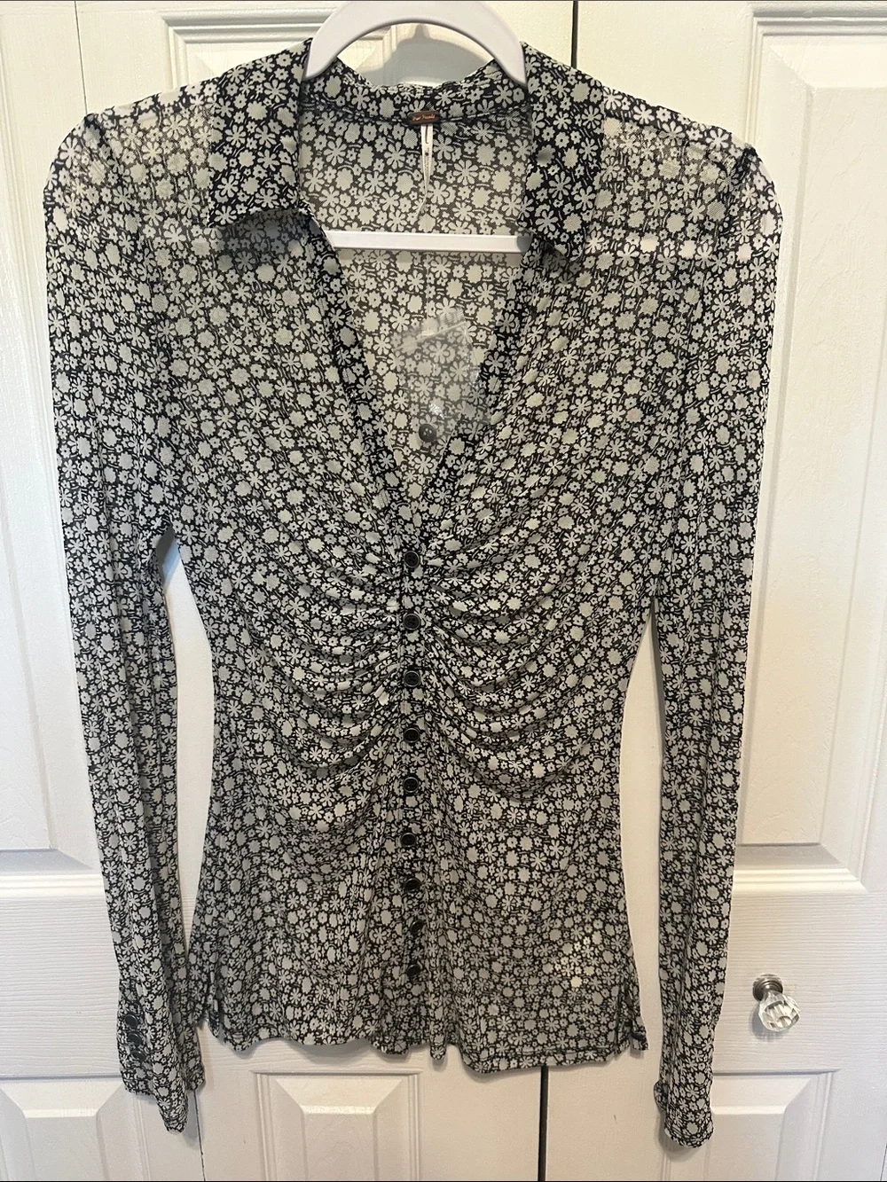 Free People Lucky Black and White Floral Ruched Button-Front Shirtee